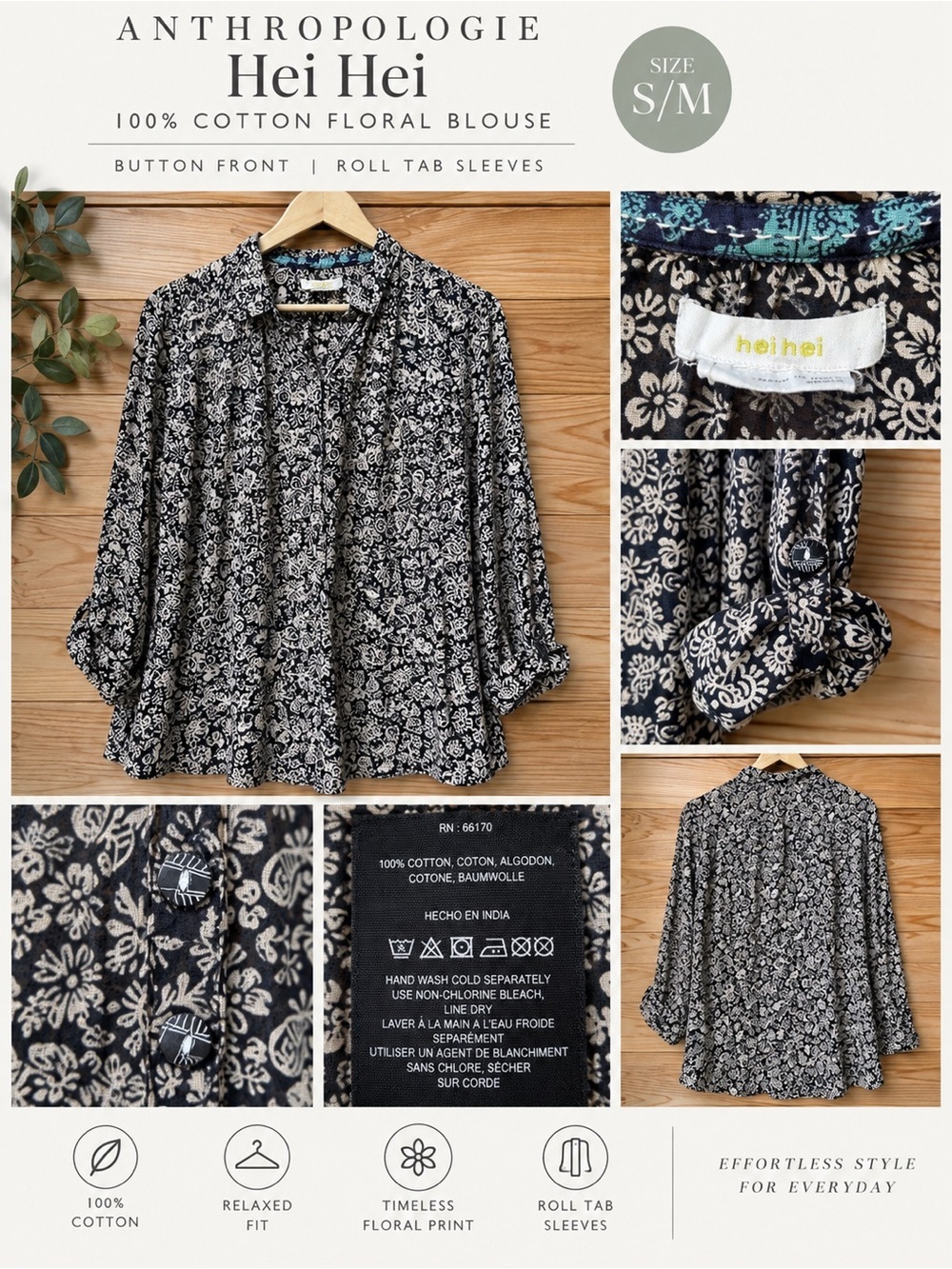 Anthropologie Hei Hei 100% Cotton Floral Button Front Blouse Roll Tab Sleeves